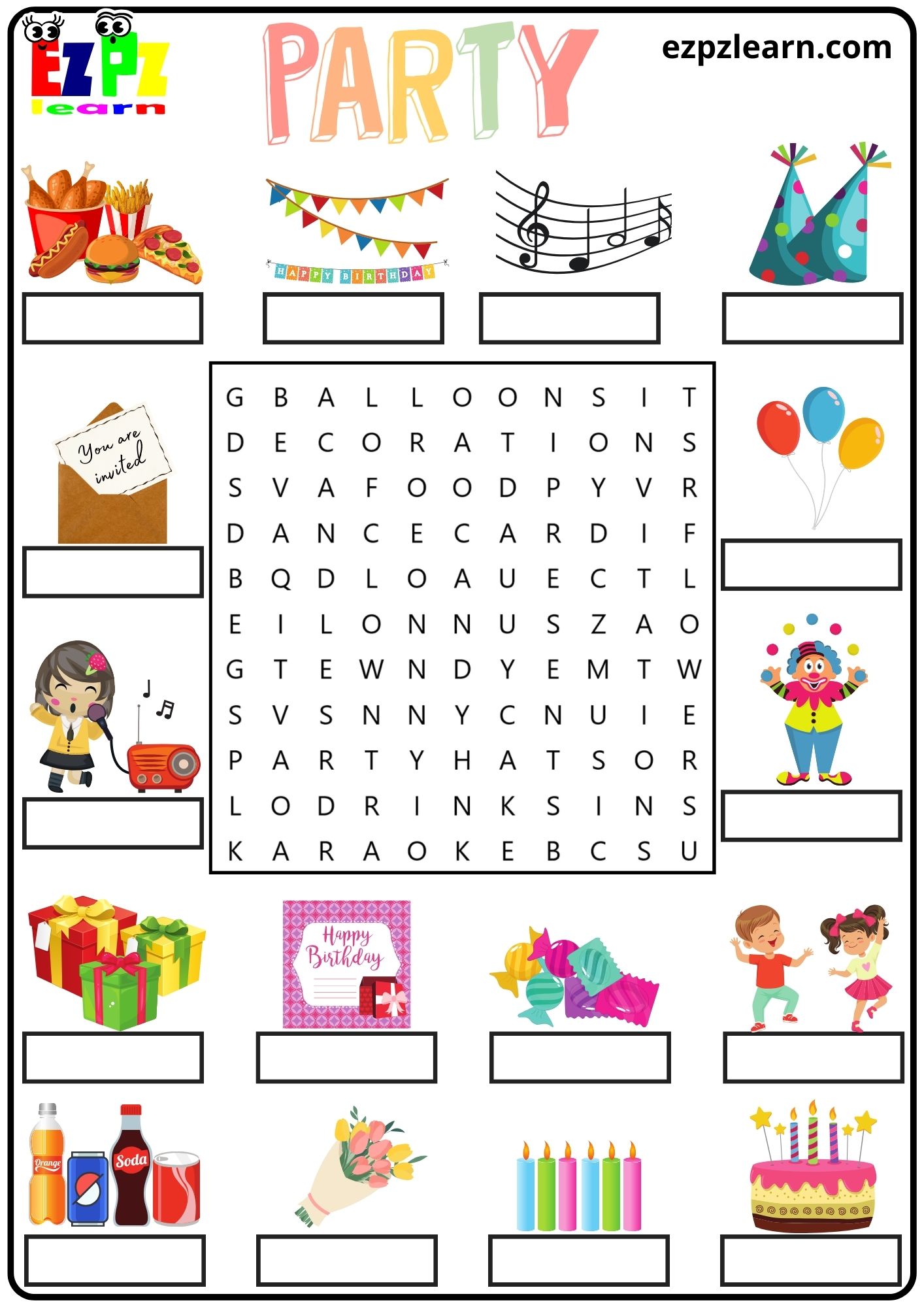 Party Vocabulary Word Search and Write the Words Activity for Kids and English Language Learners PDF 
